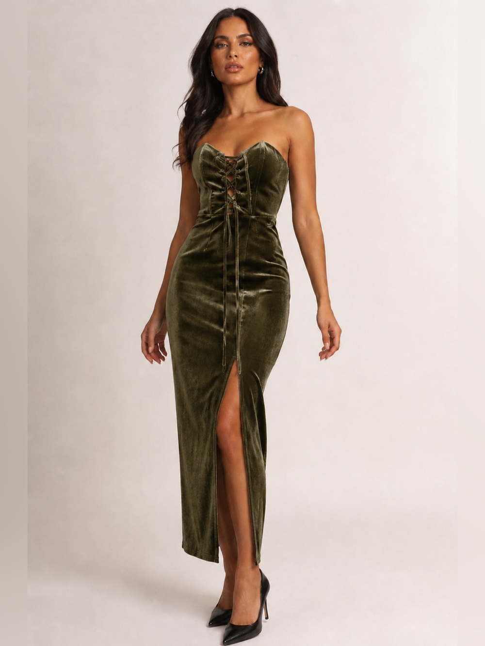 Homage Olive Green Velvet Lace Up Corset
Bodycon Midi Dress
Size Small